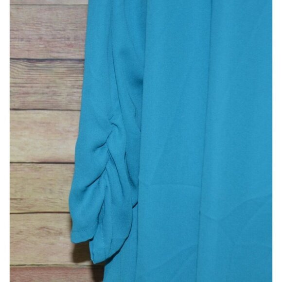 Valerie Stevens Blue Button Front Blouse Size 3X Flowy Chiffon 3/4 Ruched Sleeve - Picture 9 of 11